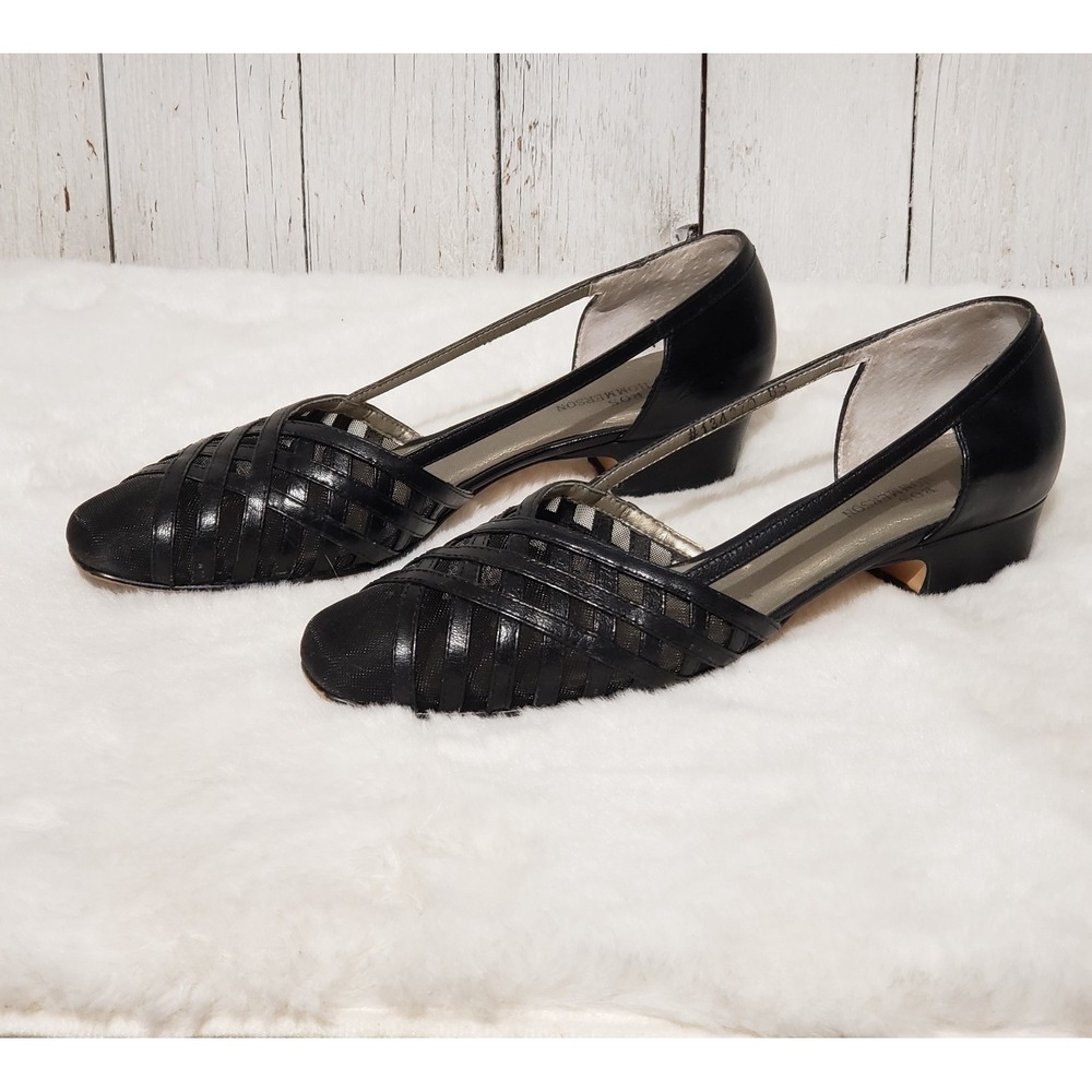 Ros Hommerson 8 Narrow Black Leather Basketweave Mesh Heels Career Casual‎